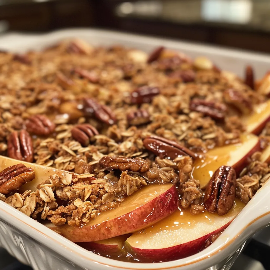 Side view of a delicious Maple Pecan Apple Crisp, showcasing oat and pecan topping.