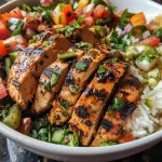 A close-up view of a Mediterranean chicken bowl filled with vibrant vegetables and grains.