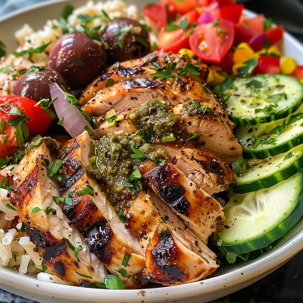 A colorful Mediterranean chicken bowl showcasing grilled chicken, quinoa, and fresh greens.