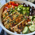 Close-up view of a Mediterranean chicken bowl with colorful ingredients.
