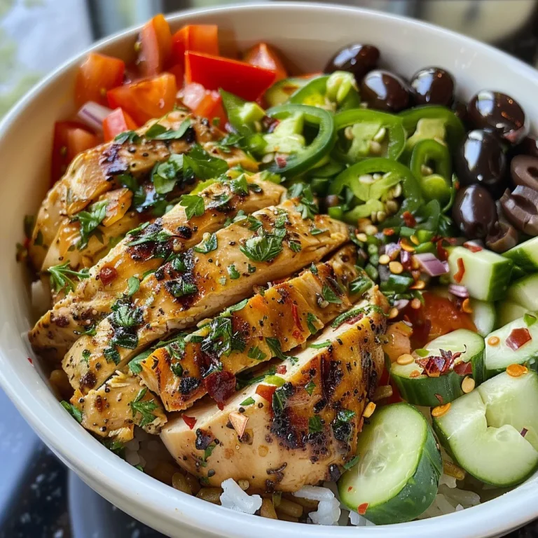 Savor the Sun: Delicious Mediterranean Chicken Bowls for Effortless Meal Prep Close-up view of a Mediterranean chicken bowl with colorful ingredients.
