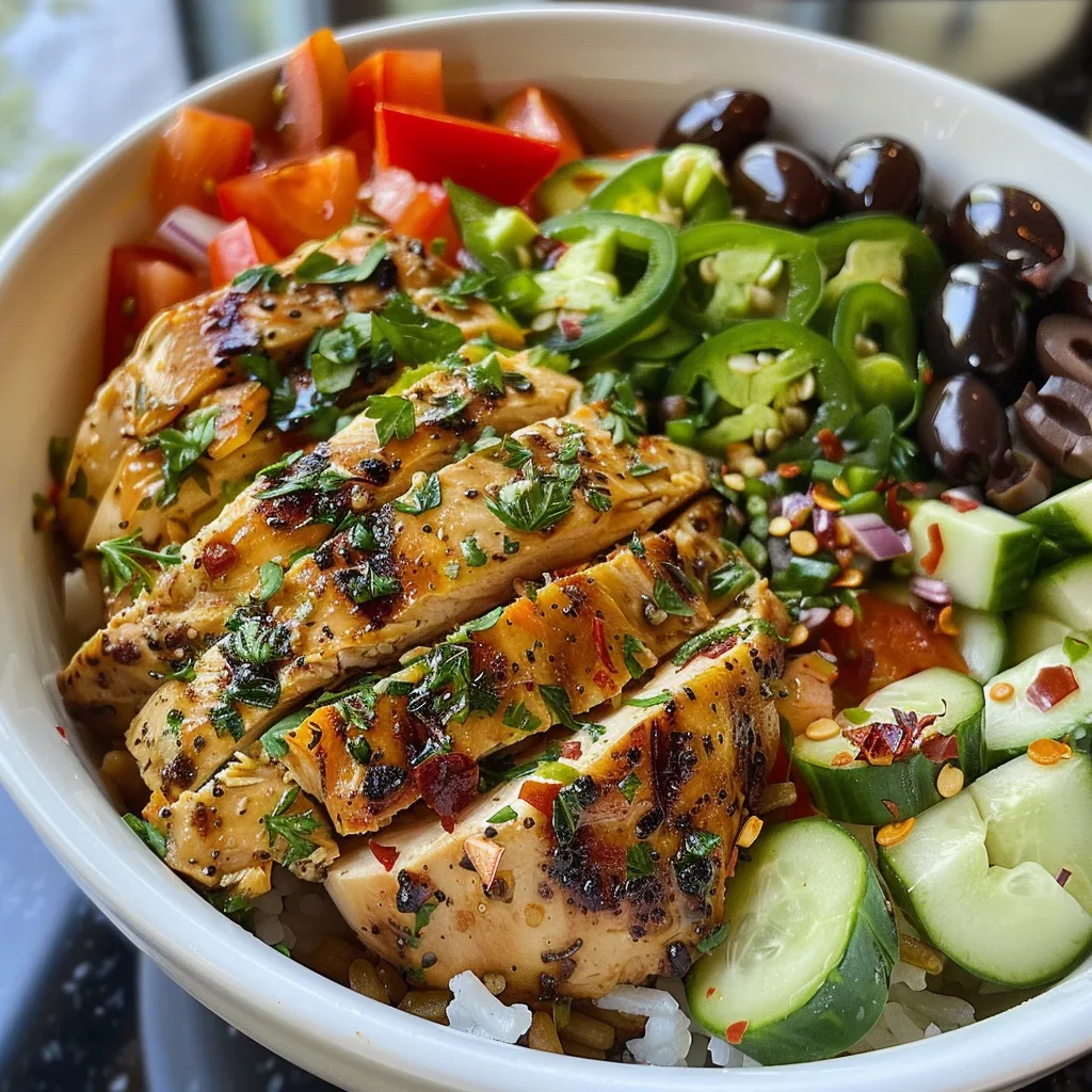 Close-up view of a Mediterranean chicken bowl with colorful ingredients.