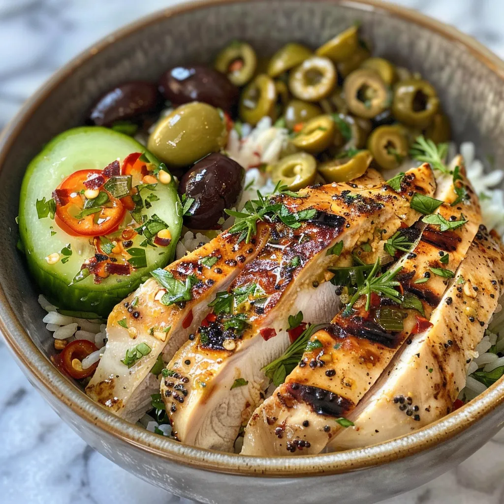 Juicy Mediterranean chicken accompanied by diced cucumbers and garnished with olives.
