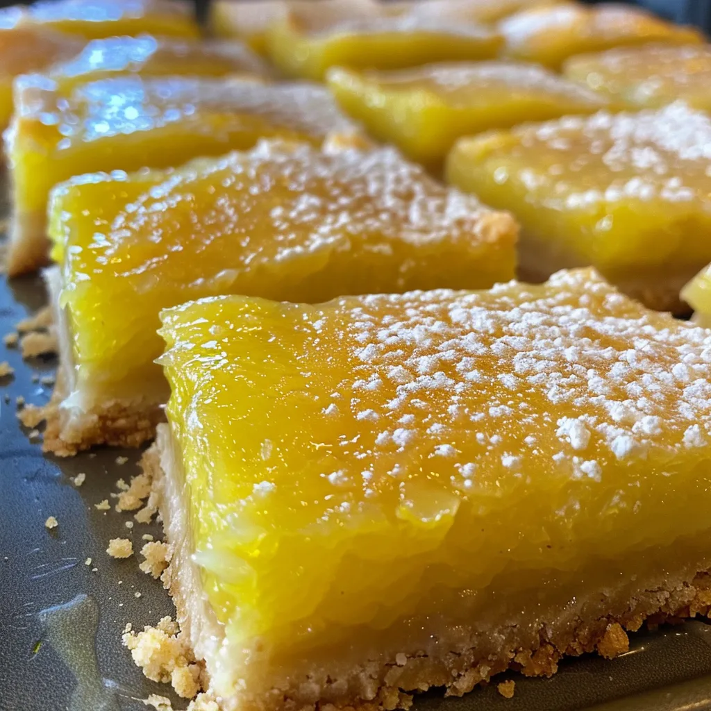 A side view of lemon bars with a crumbly shortbread base, dusted with powdered sugar and garnished with lemon slices.