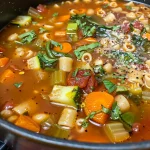 Close-up view of a bowl of minestrone soup with colorful vegetables and pasta.