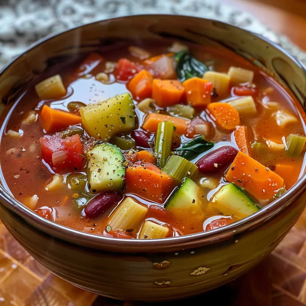 Side view of a serving of hearty minestrone soup, showcasing vibrant ingredients.