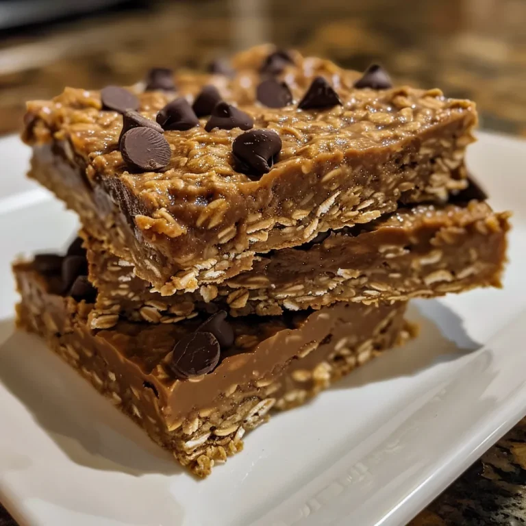 Close-up of No Bake Chocolate Oat Bars with a glossy chocolate topping.