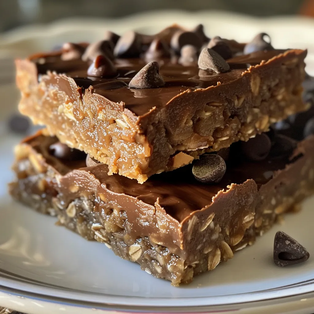 Side angle of no-bake chocolate oatmeal bars topped with melted chocolate.