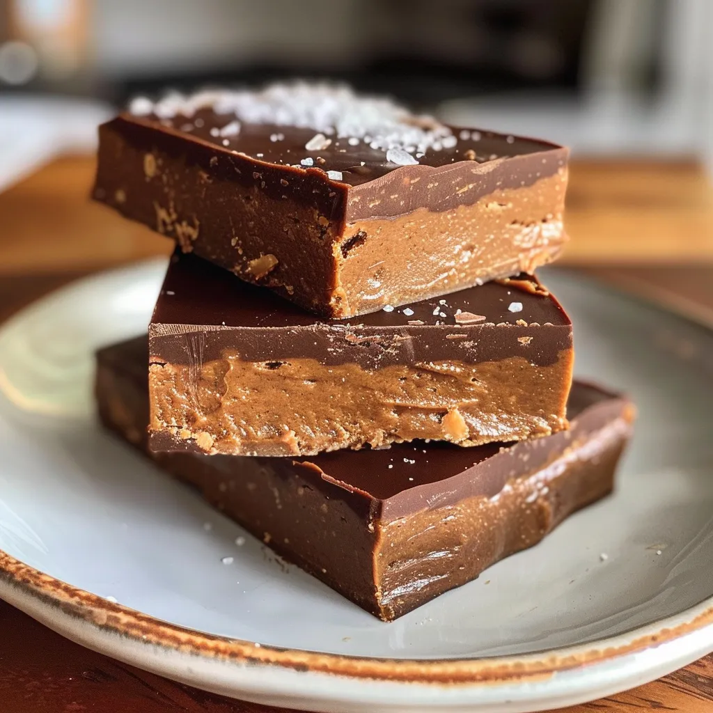 Close-up of No Bake Chocolate Peanut Butter Protein Bars with a rich chocolate coating.