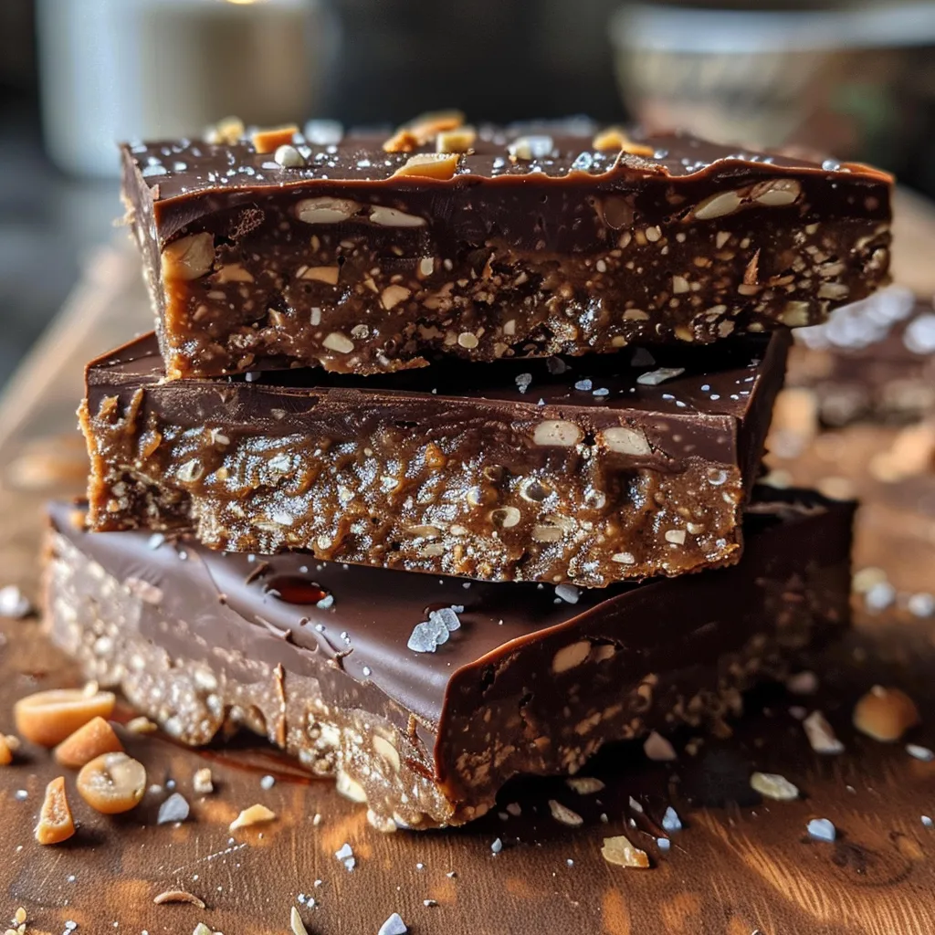 Side view of delicious No Bake Chocolate Peanut Butter Protein Bars topped with coarse sea salt.