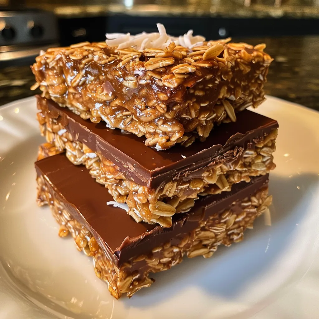 Close-up view of No Bake Coconut Chocolate Oat Bars stacked on a wooden surface.
