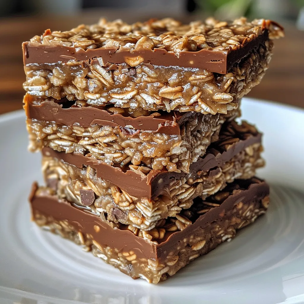 Side view of delicious No Bake Coconut Chocolate Oat Bars topped with chocolate and coconut flakes.