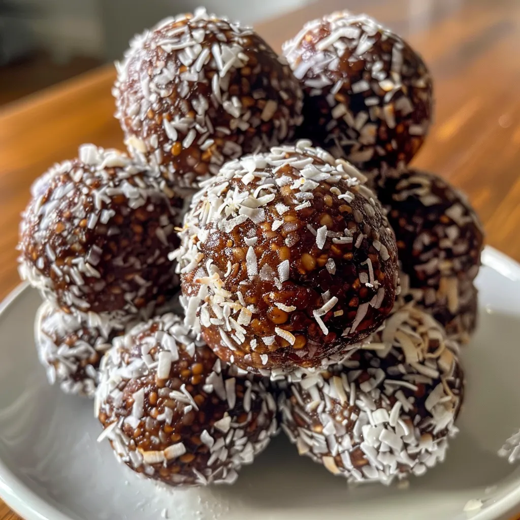A collection of No-Bake Coconut Coffee Protein Balls, showcasing their chewy and coconut-covered exterior.