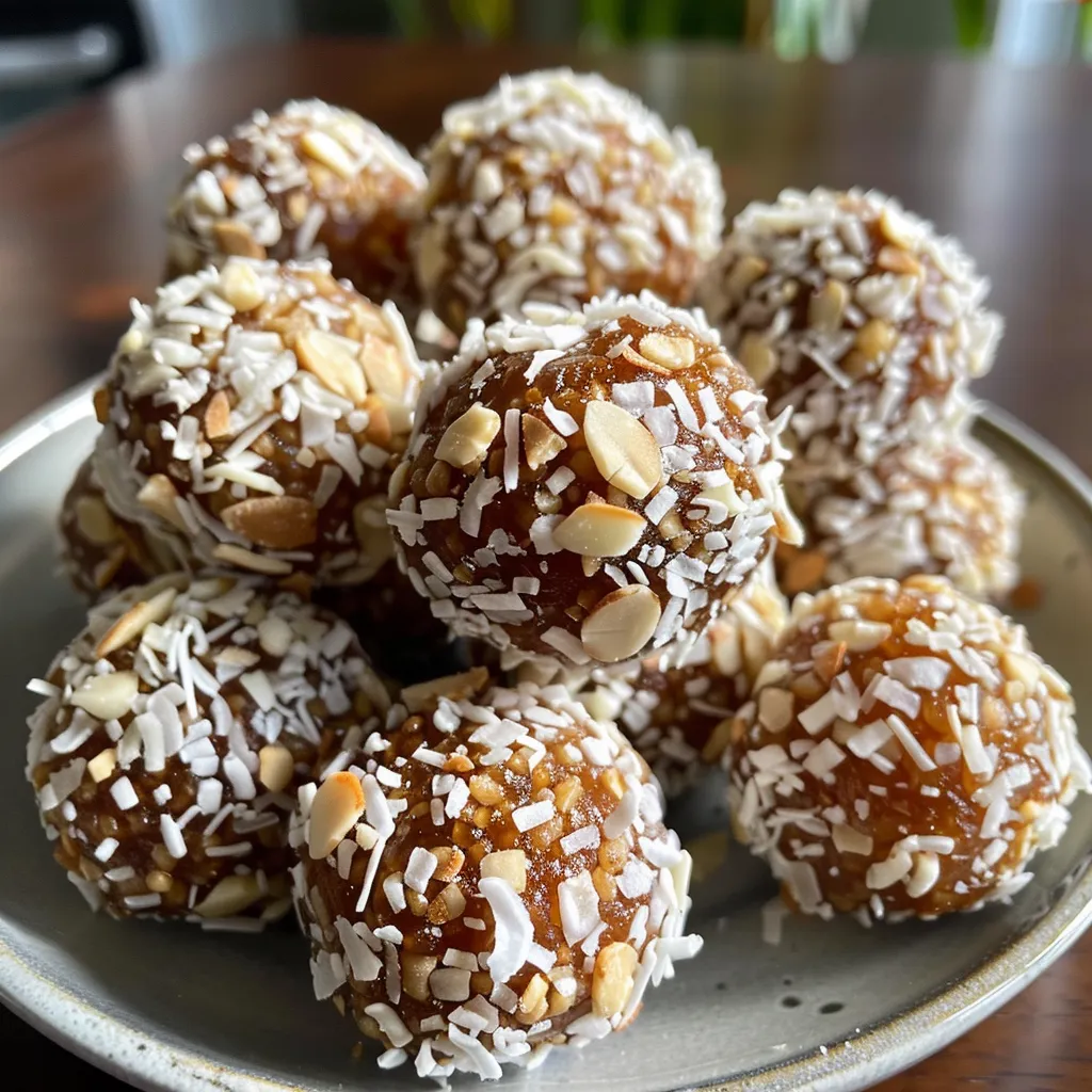 Side view of no-bake energy balls with a textured surface of shredded coconut.