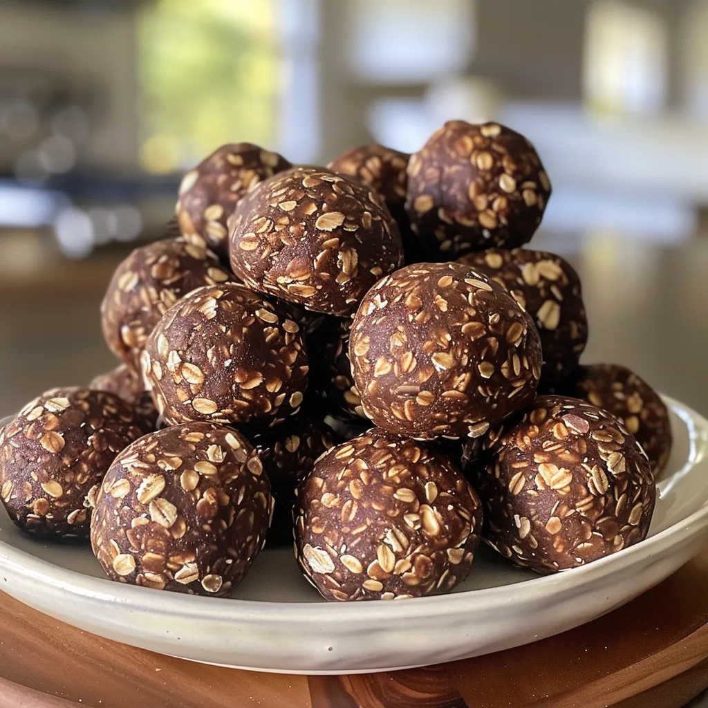 Close-up view of No Bake Fudge Balls, showing rich chocolate texture and rolled in nuts.