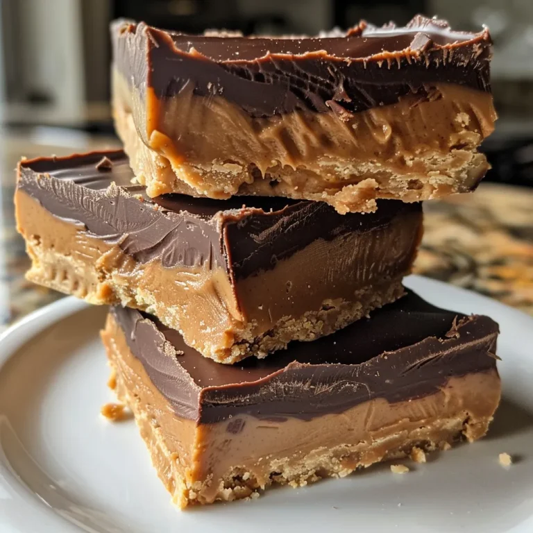 Close-up of No-Bake Peanut Butter Cup Bars with a rich chocolate layer and a creamy peanut butter filling.