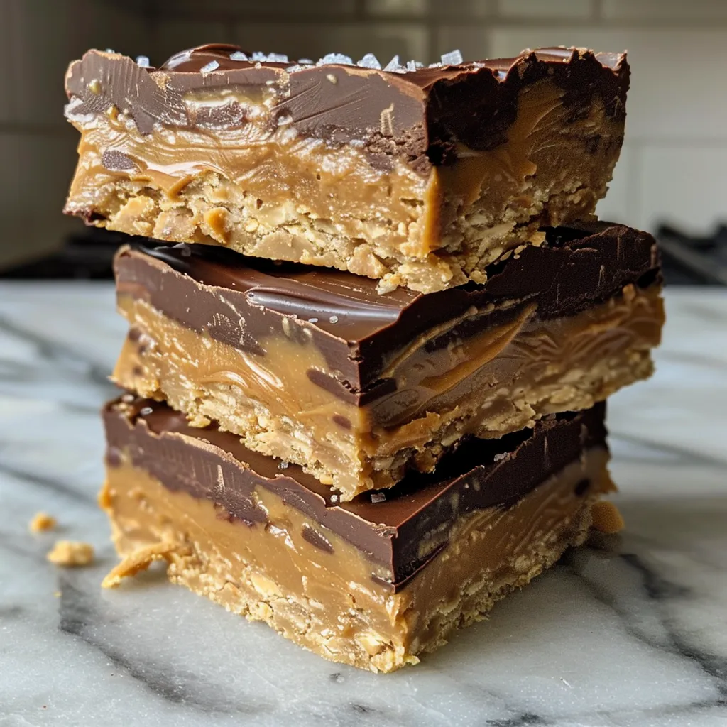 Side view of delicious No-Bake Peanut Butter Cup Bars showcasing a glossy chocolate topping.