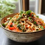 Close-up of a vibrant noodle salad drizzled with creamy sesame peanut dressing.