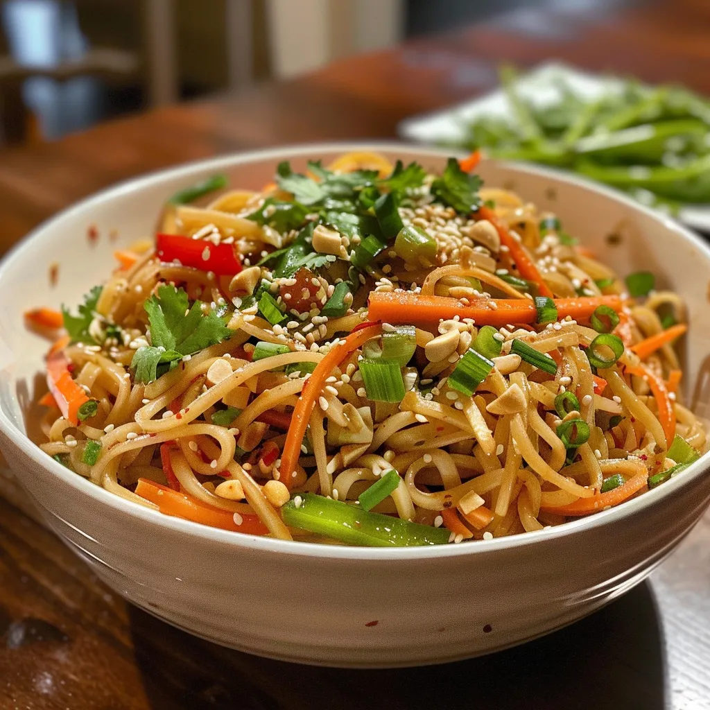 Side view of a colorful noodle salad featuring fresh vegetables and a creamy peanut dressing.