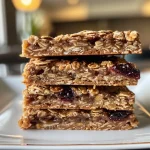 Side view of golden-brown oatmeal bars with a glossy fruit preserve topping.