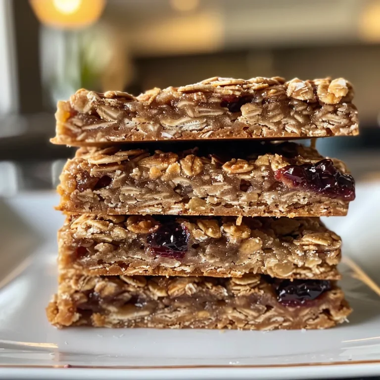 Side view of golden-brown oatmeal bars with a glossy fruit preserve topping.