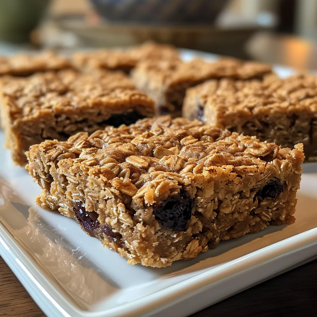 Close-up shot of delicious oatmeal bars showing texture and jam filling.