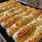 Close-up of golden Olive Garden breadsticks drizzled with melted butter.