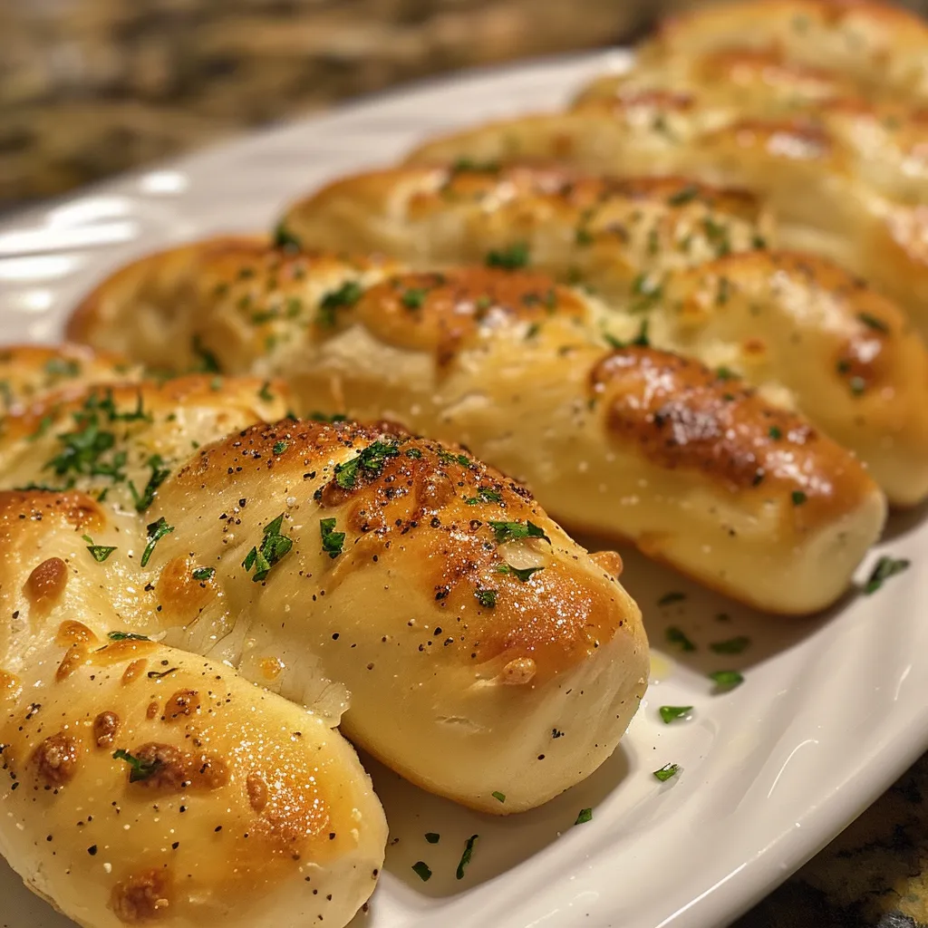 Side view of freshly baked Olive Garden-style breadsticks, garnished with garlic and Parmesan.
