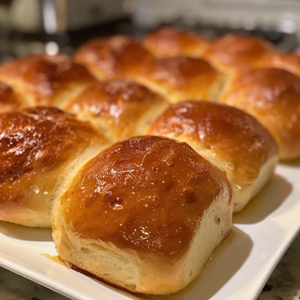 Juicy, fluffy dinner rolls arranged neatly on a rustic wooden table.