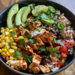 Close-up view of a colorful One Pan Chicken Burrito Bowl with chicken, rice, and vegetables.