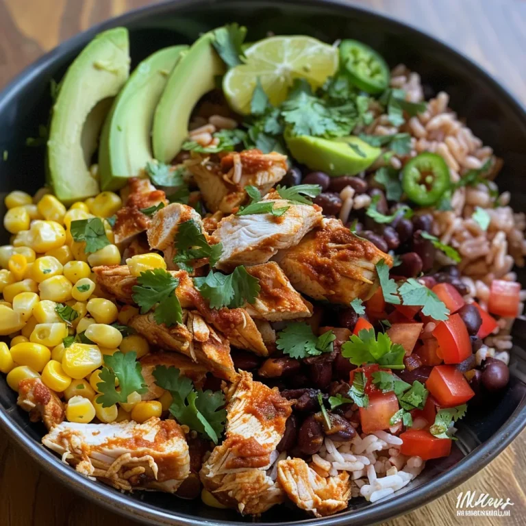 Close-up view of a colorful One Pan Chicken Burrito Bowl with chicken, rice, and vegetables.