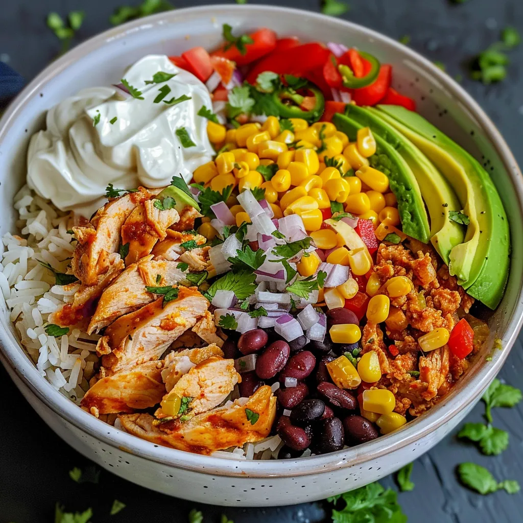 Side view of a delicious One Pan Chicken Burrito Bowl featuring chicken, beans, and toppings.