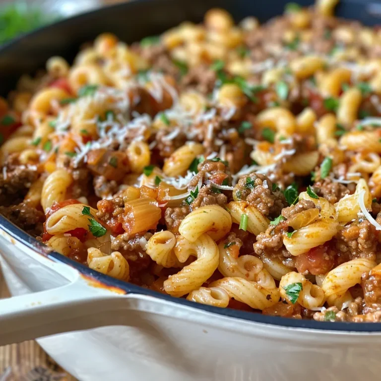 A close-up view of a One-Pot Beef Pasta Skillet filled with ground beef, pasta, and cheese.