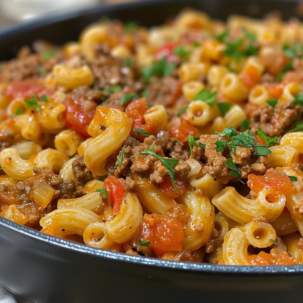 Juicy One-Pot Beef Pasta Skillet with diced tomatoes and melted cheddar cheese.