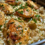 Close-up view of One-Pot Garlic Butter Chicken and Rice in a bowl, showcasing juicy chicken and fluffy rice.