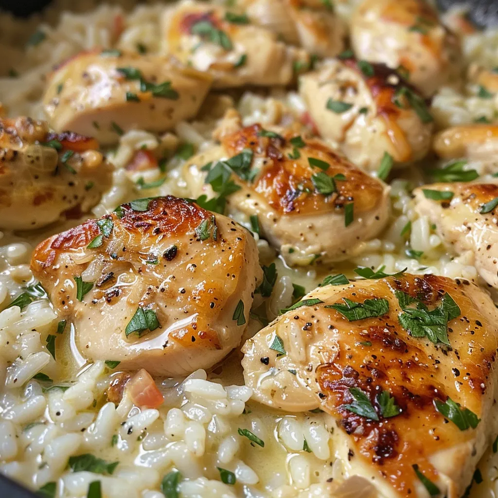 Delicious One-Pot Garlic Butter Chicken with rice, highlighting tender chicken thighs and aromatic herbs.