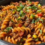 Close-up of One Pot Taco Beef Pasta, showcasing its colorful ingredients.