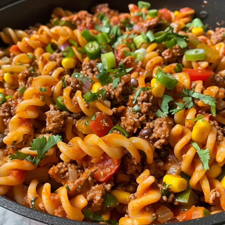 Unleash the Flavor One Pot Taco Beef Pasta for Easy Weeknight Dinners Close-up of One Pot Taco Beef Pasta, showcasing its colorful ingredients.