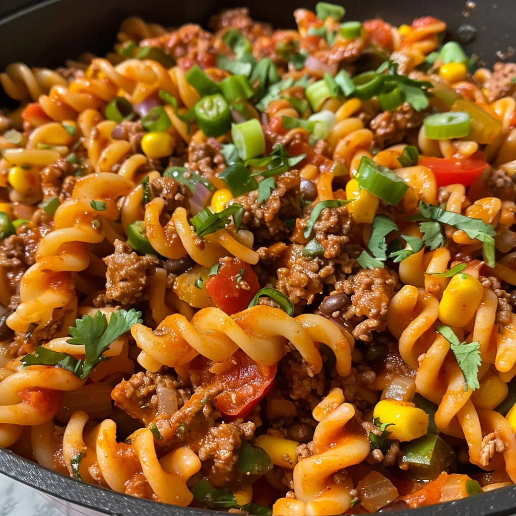 Close-up of One Pot Taco Beef Pasta, showcasing its colorful ingredients.
