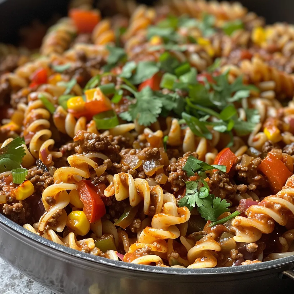 Juicy One Pot Taco Beef Pasta with ground beef, peppers, and pasta in a bowl.