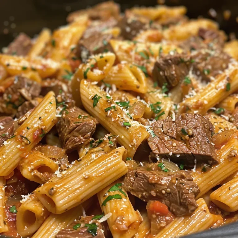 Close-up view of a bowl of One-Pot Zesty Steak Pasta topped with fresh herbs.
