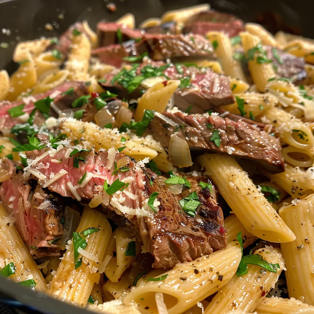 A side view of a delicious serving of One-Pot Zesty Steak Pasta with slices of steak and pasta.