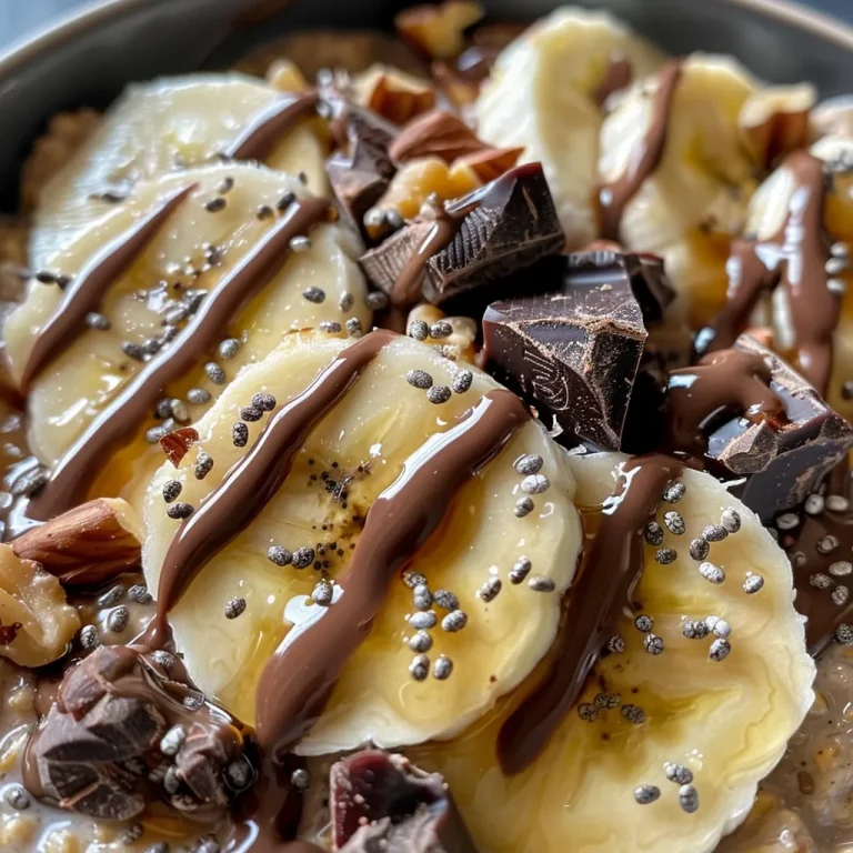 A close-up view of overnight oats with banana and chocolate, showcasing a creamy texture and fresh ingredients.