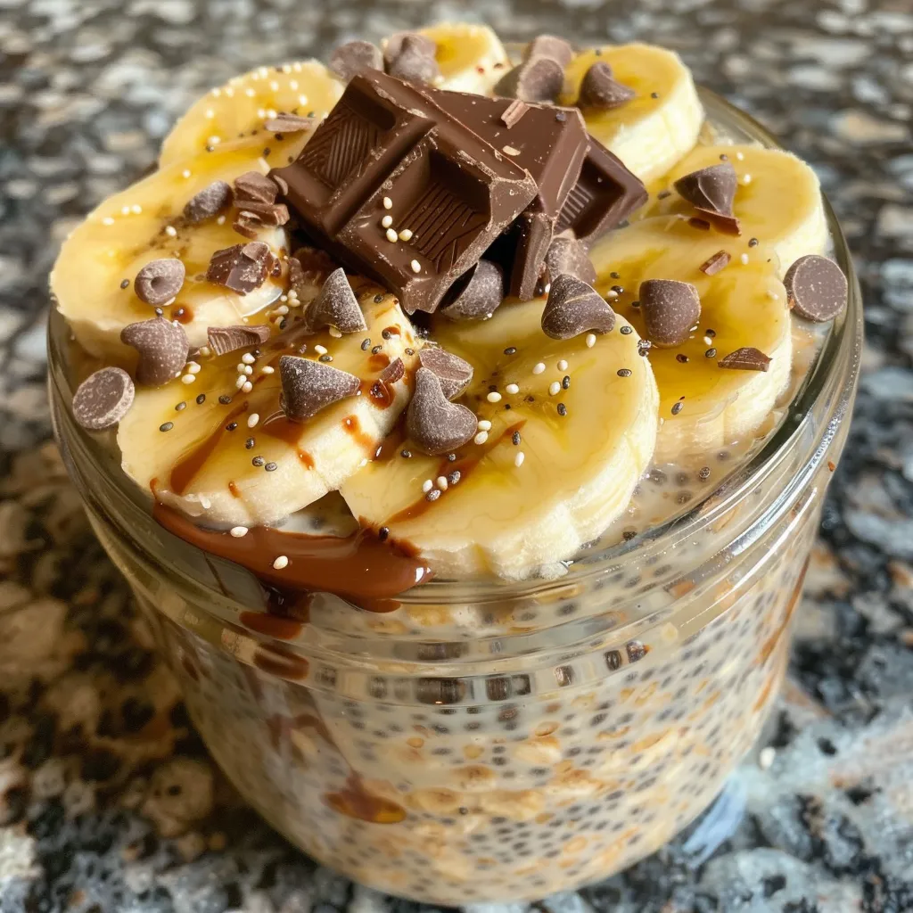 Side view of a bowl of overnight oats, featuring sliced bananas, dark chocolate, and nuts, with a creamy appearance.