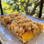 A close-up side view of Peach Bars topped with a brown butter crumble.
