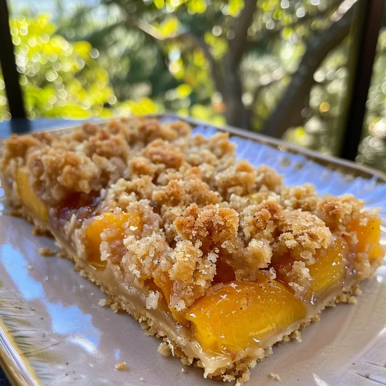 A close-up side view of Peach Bars topped with a brown butter crumble.