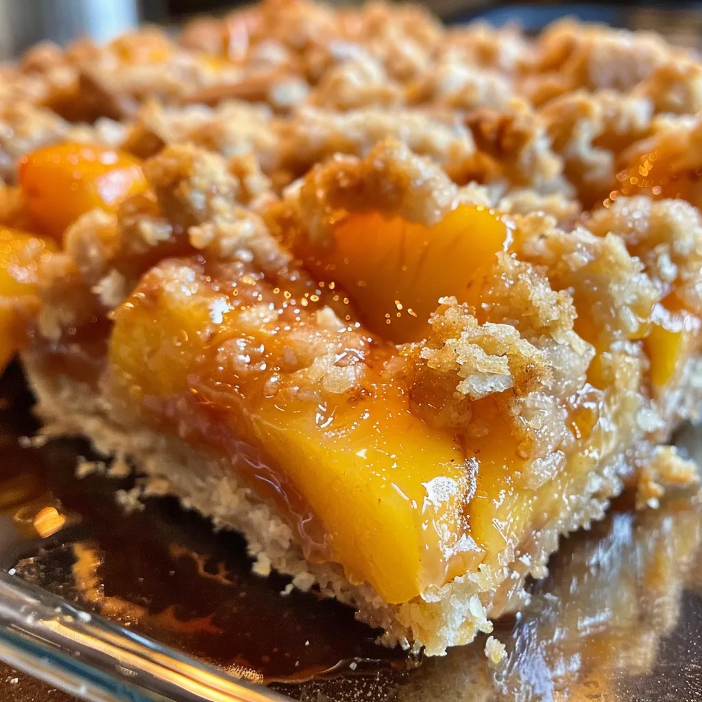 Juicy peach bars with a golden brown crumble, captured from the side.