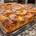Close-up view of a slice of peach coffee cake with crumb topping on a white plate.