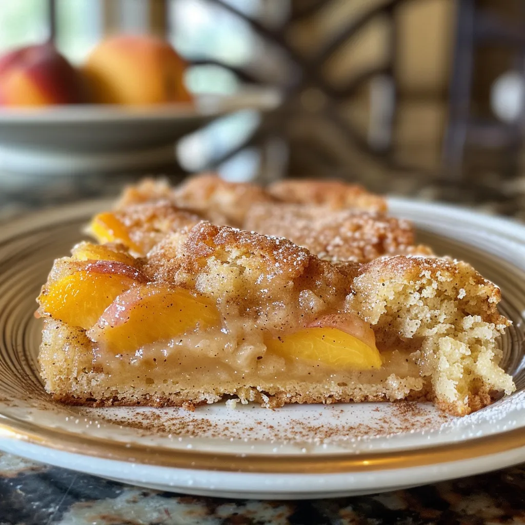 Side view of a moist peach coffee cake topped with a golden brown crumb, garnished with fresh peaches.