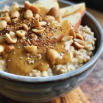 A close-up view of a Peanut Butter Apple Breakfast Bowl featuring sliced apples and oats topped with peanut butter.
